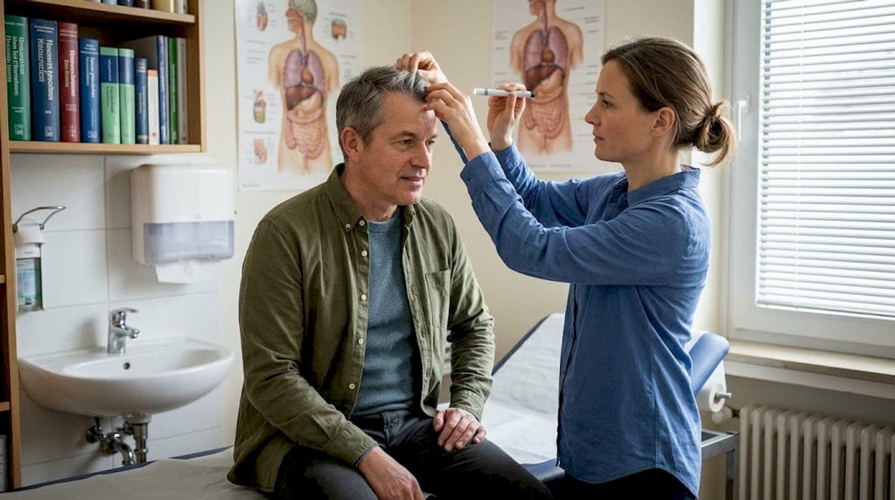 Der Arzt prüft das Haar auf Anzeichen von Haarausfall.