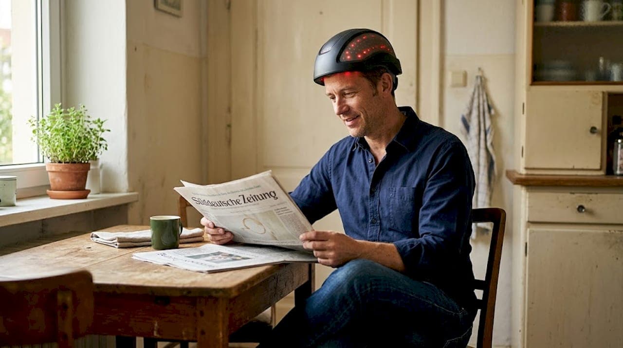 Ein Mann trägt einen LLLT-Helm, um das Haarwachstum anzuregen.