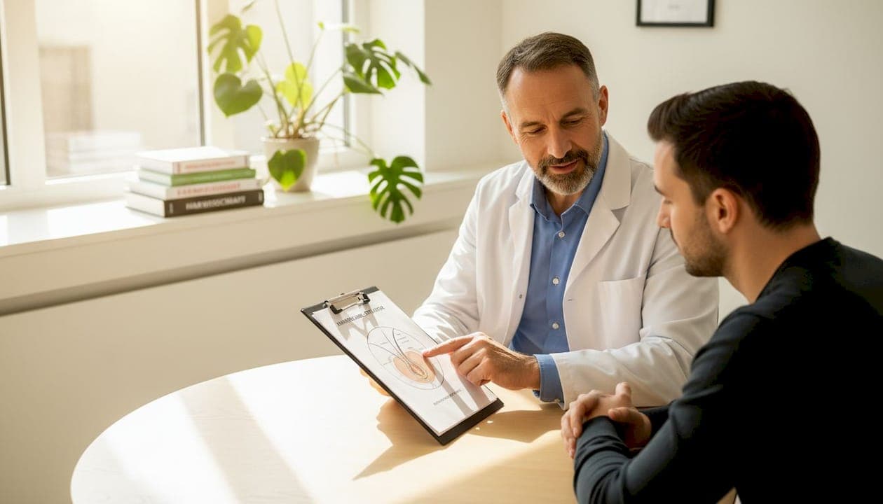 Ein Arzt erläutert anschaulich am Schreibtisch, wie Haarfollikel funktionieren.