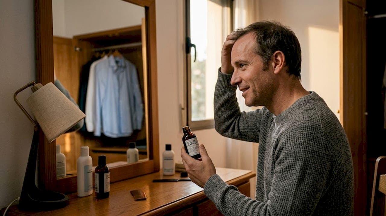 Un hombre analiza los resultados de un tratamiento para el cabello en su habitación.