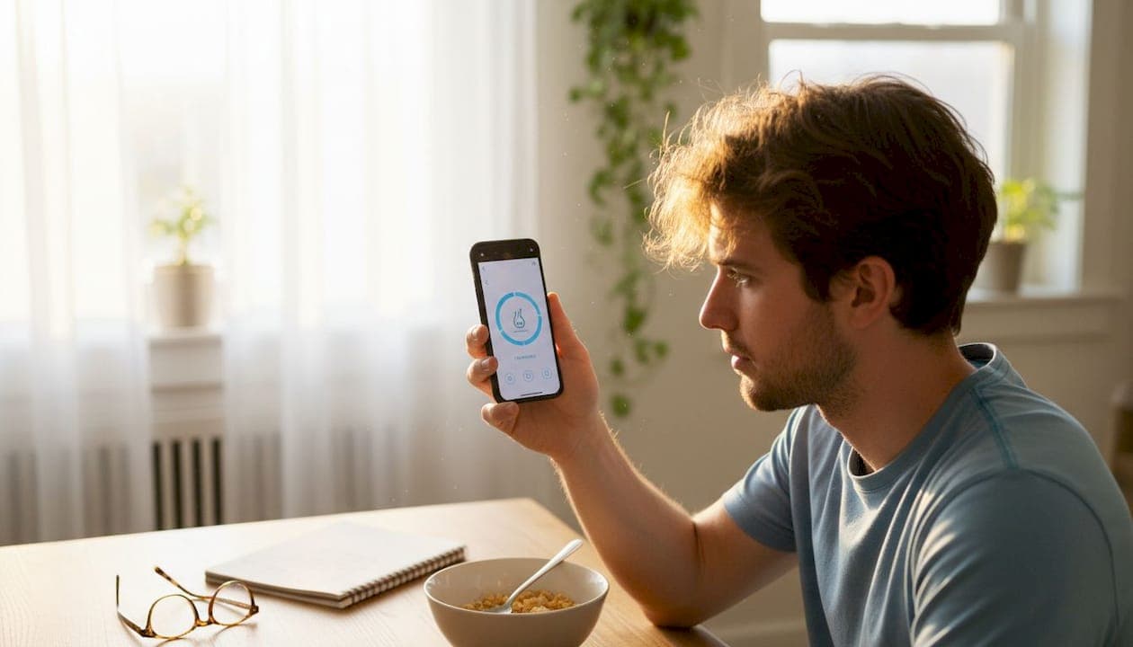 Man scanning hair with phone for analysis