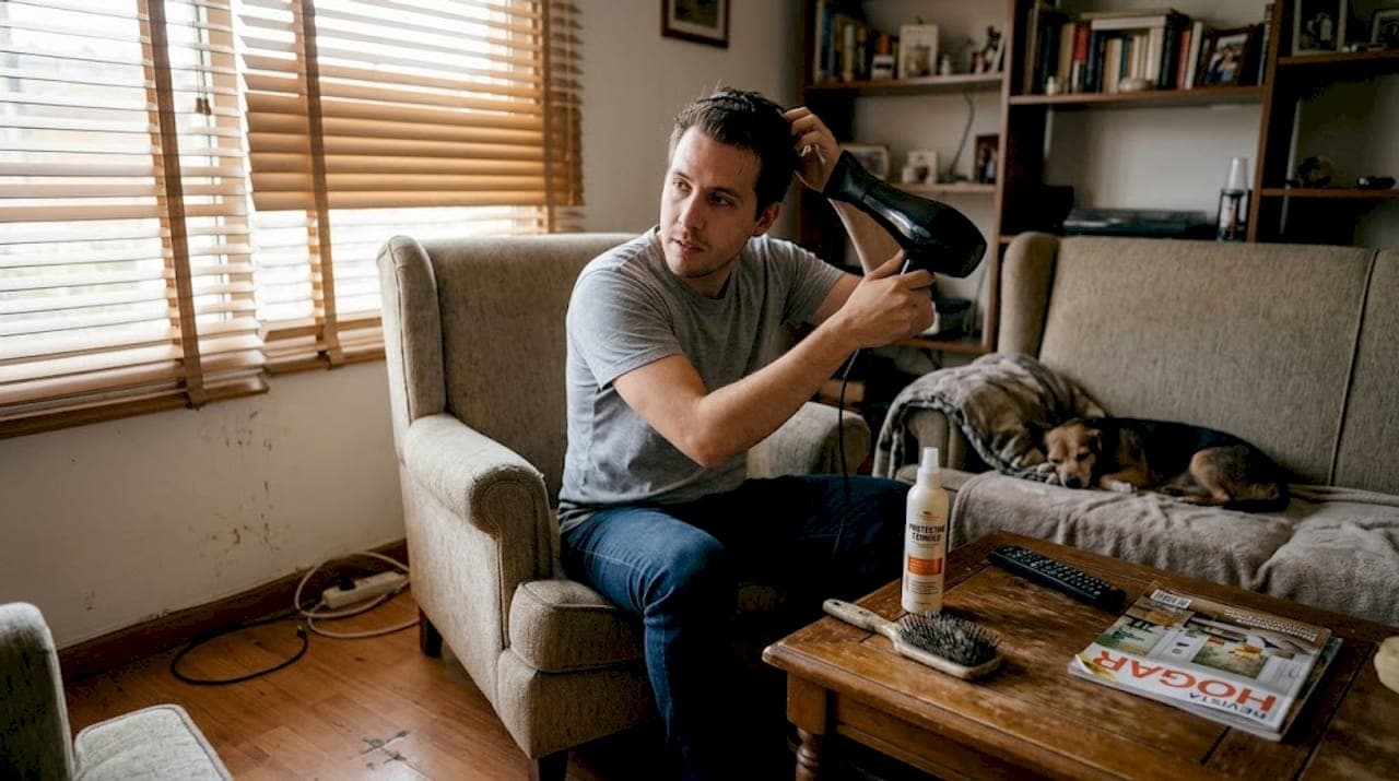 Hombre secándose el cabello después de aplicarse un spray protector contra el calor.