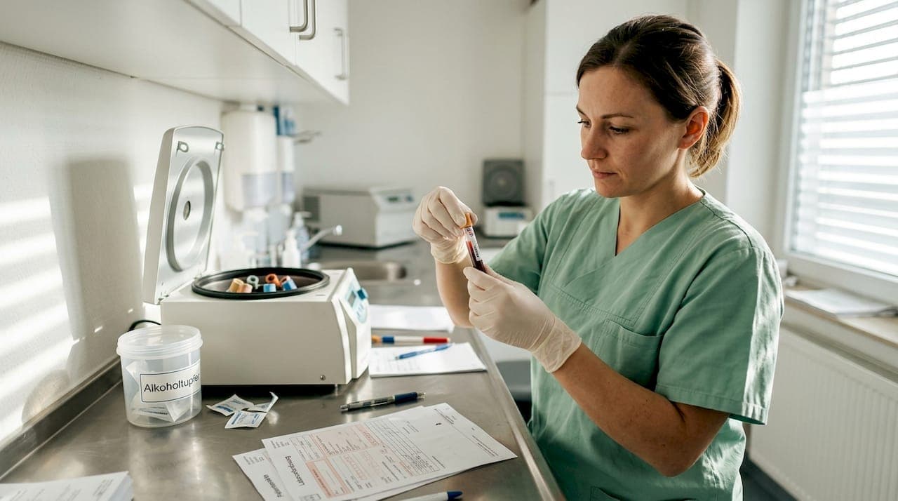Eine medizinische Fachangestellte bereitet die Blutprobe für die PRP-Behandlung vor.
