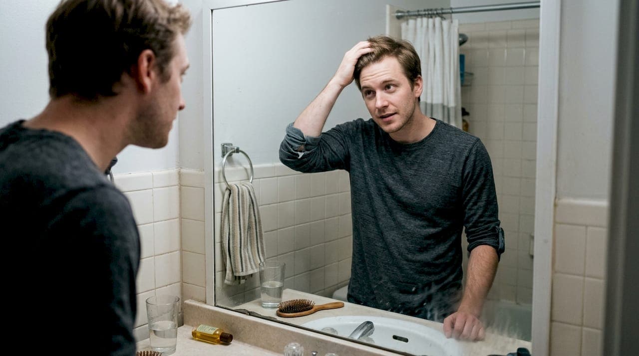 Hombre observando en el espejo cómo le ha quedado el cabello después de cuidárselo.