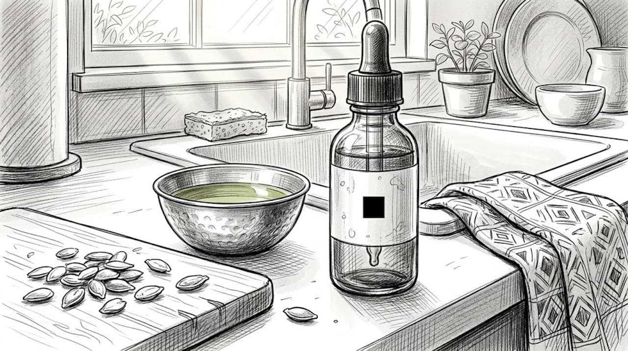 Bouteille d’huile de graines de courge posée sur le plan de travail, accompagnée de quelques graines éparpillées.