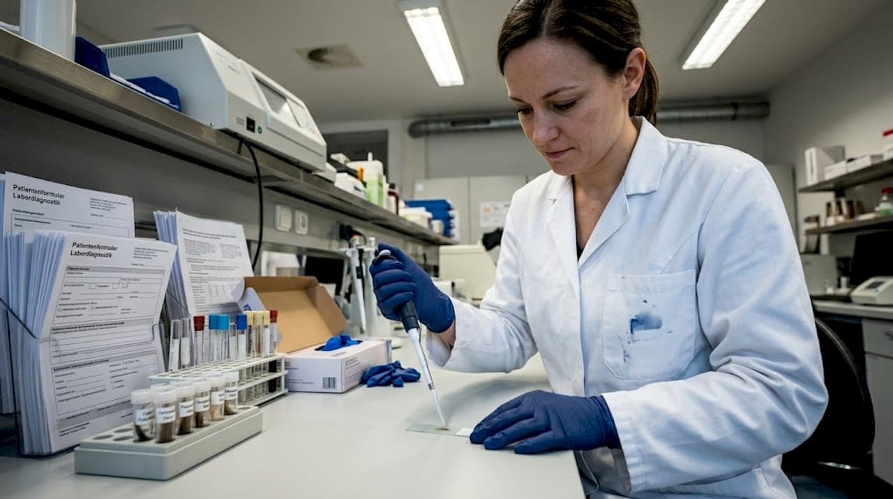 Ein Labormitarbeiter untersucht eine Haarprobe zur Diagnostik.