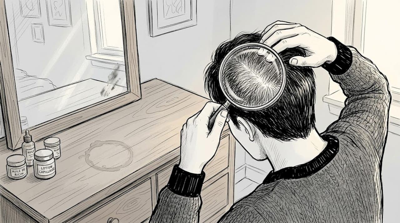 Gros plan sur des mains inspectant le cuir chevelu à la recherche de signes de chute de cheveux.