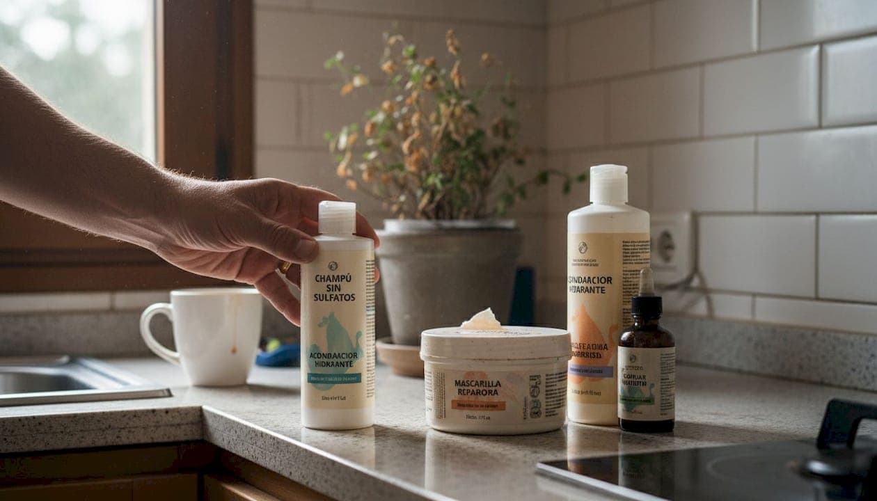 Productos para el cuidado del cabello colocados sobre la encimera de la cocina