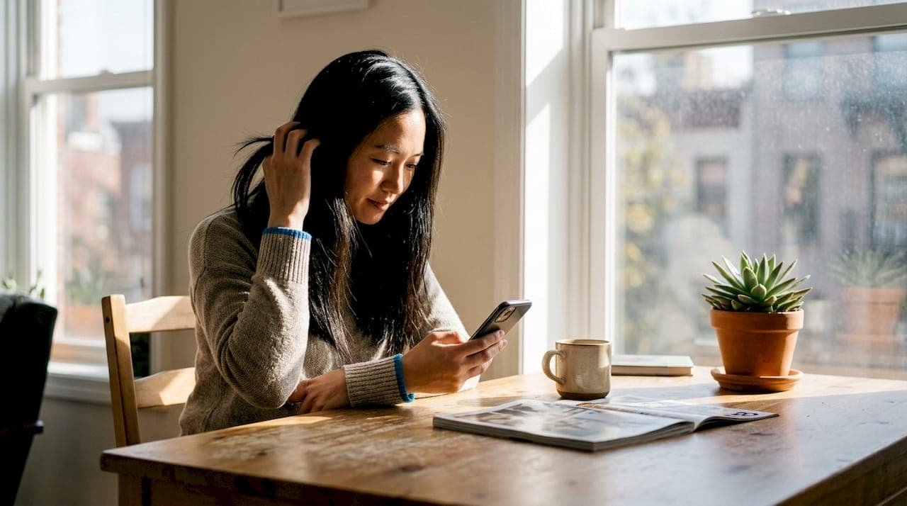 Woman with straight shiny hair at table