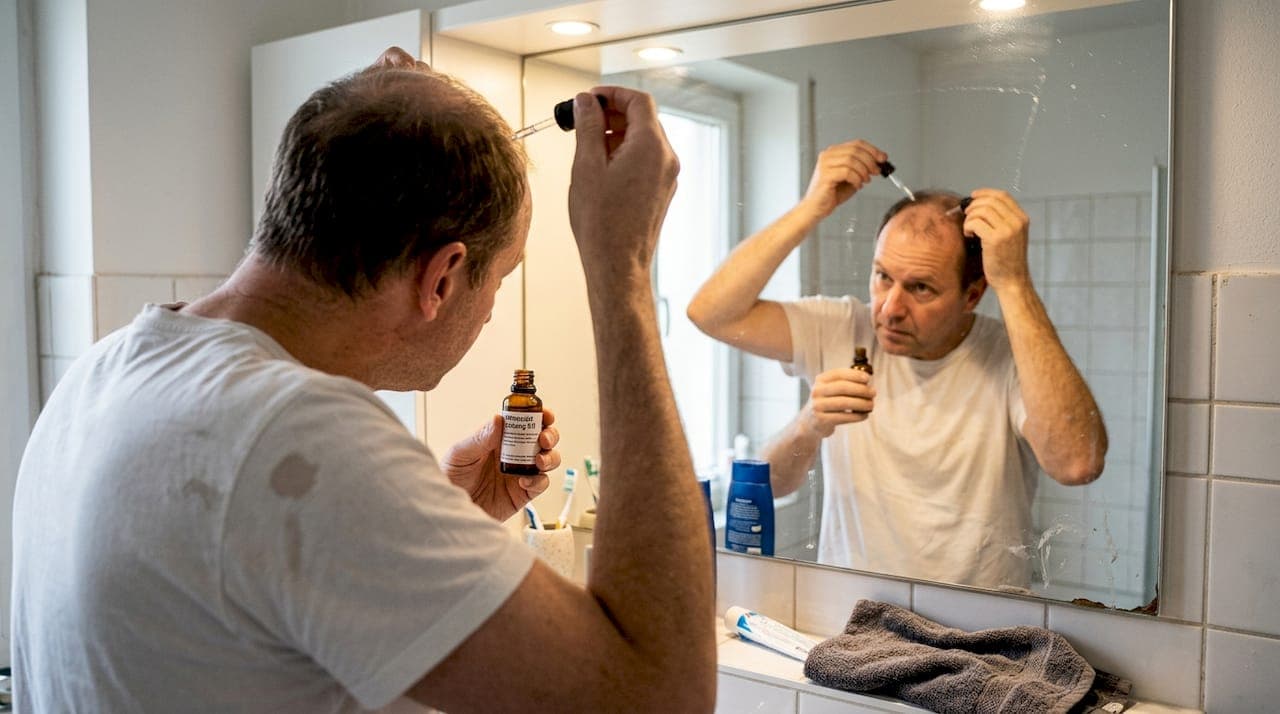 Ein Mann trägt Minoxidil im Badezimmer auf.