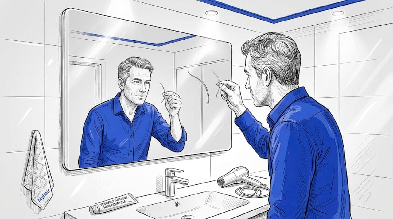 Un homme observe et compare ses cheveux blancs et gris.