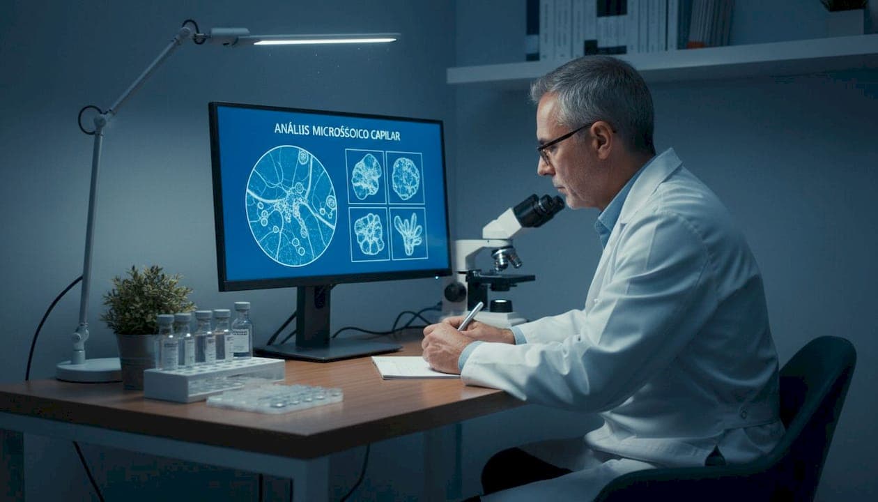 Durante la consulta, el tricólogo examina detalladamente imágenes del cuero cabelludo para evaluar su estado.