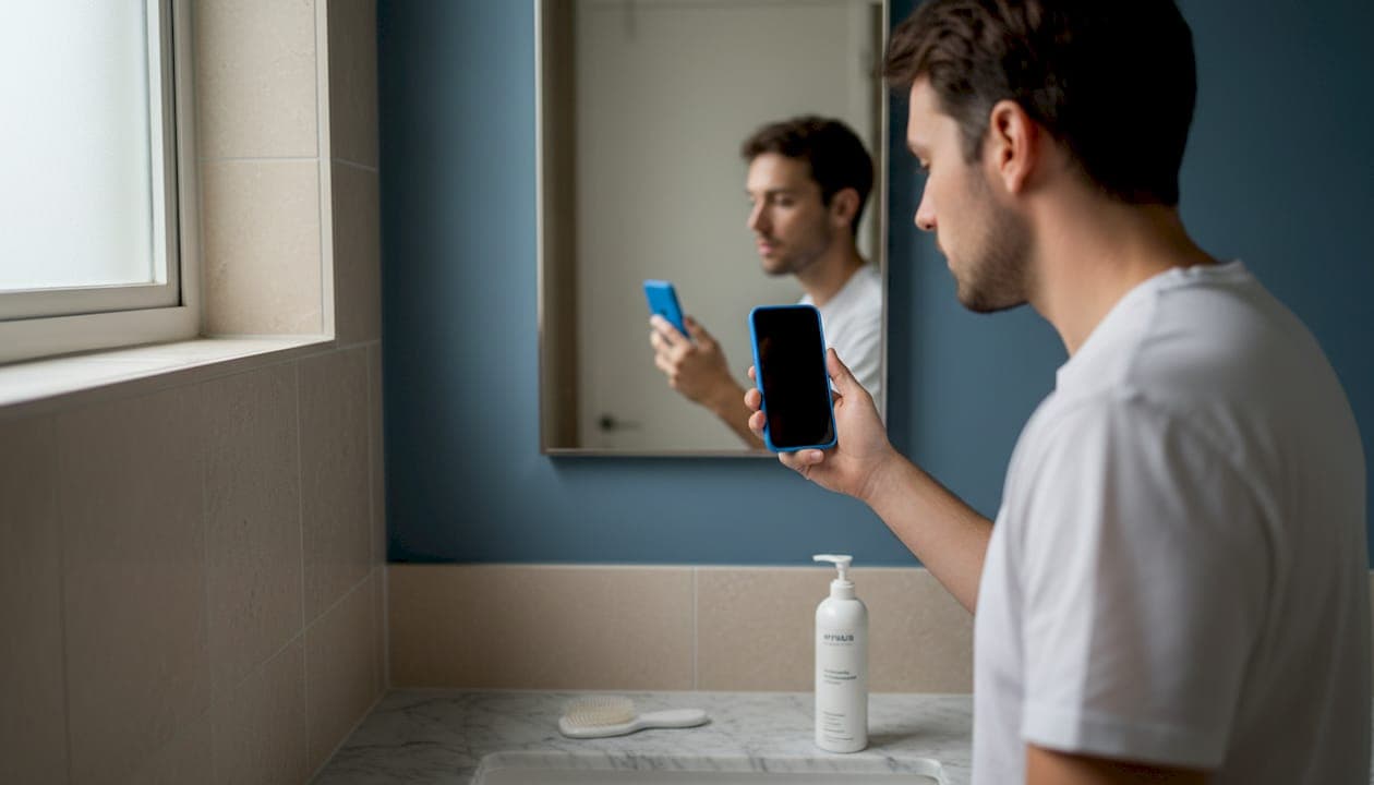 Person documenting triangle hairline with phone