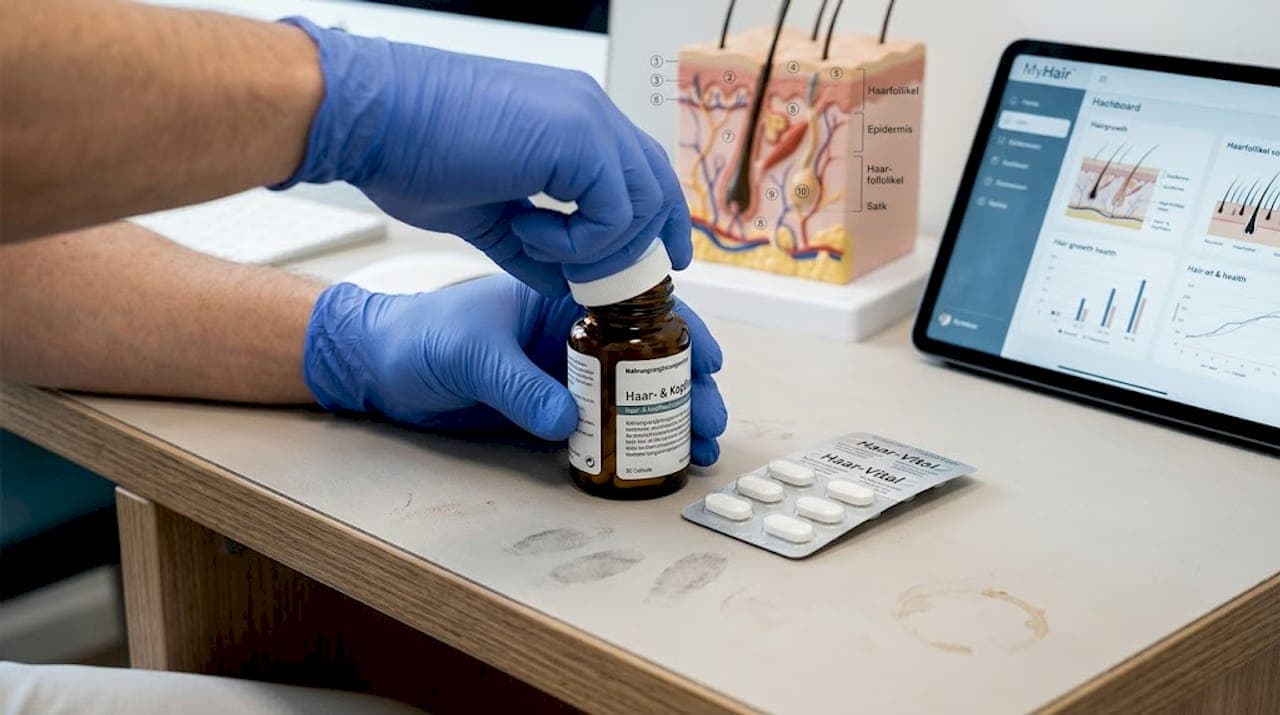 Nahaufnahme: Eine Hand öffnet eine Flasche mit Haarpflegemittel.