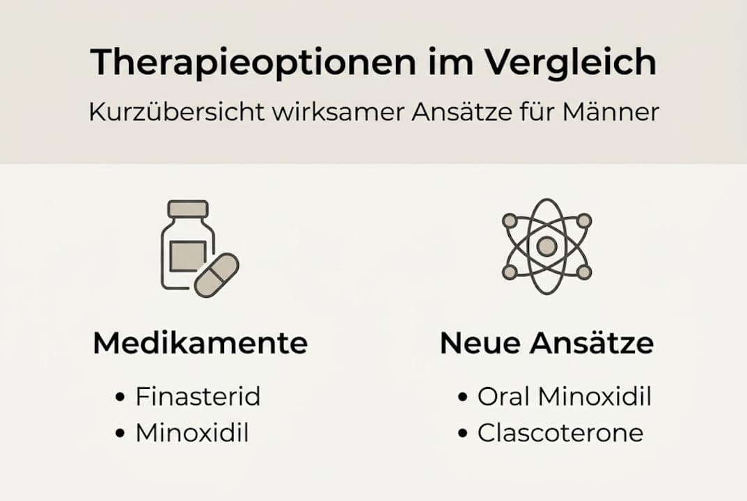 Übersichtsgrafik: Verschiedene Möglichkeiten zur Behandlung von Haarausfall im direkten Vergleich