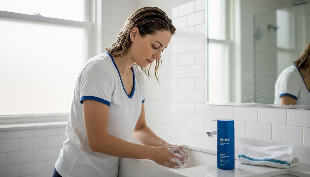 Woman using medicated shampoo for wet dandruff