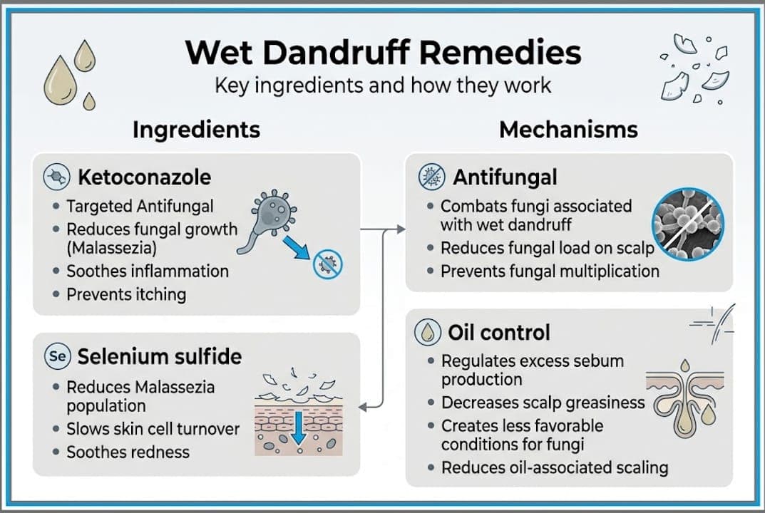 Infographic illustrating key wet dandruff ingredients and actions