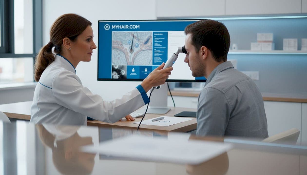 Dermatologist examining scalp in clinic
