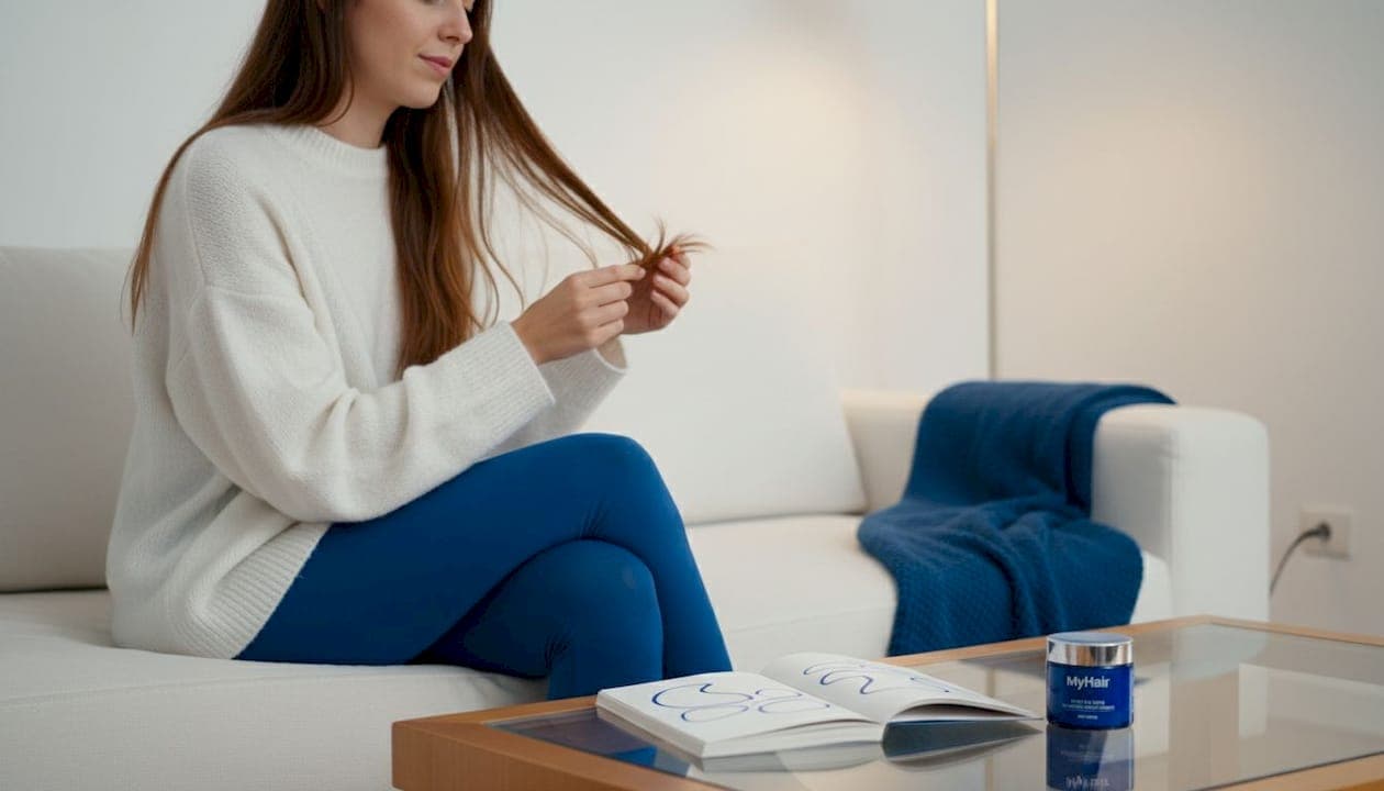 Mujer observando puntas abiertas de su cabello