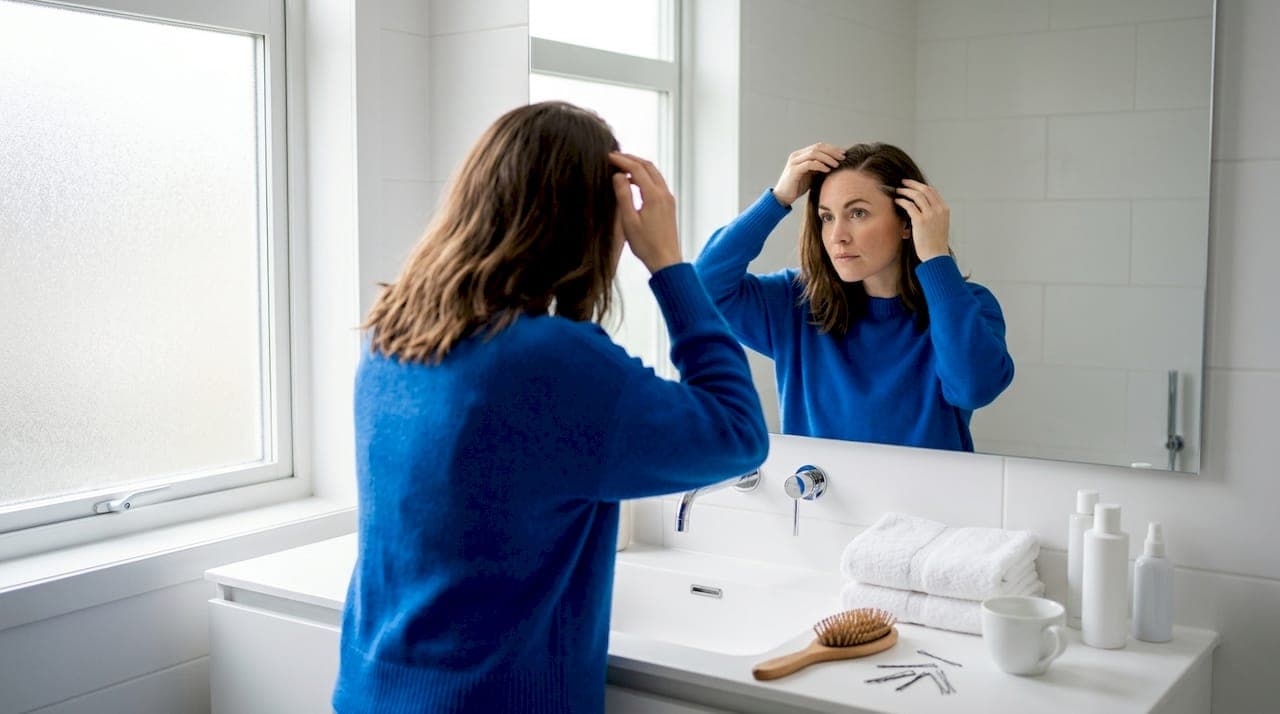 Woman checks hairline in bathroom mirror