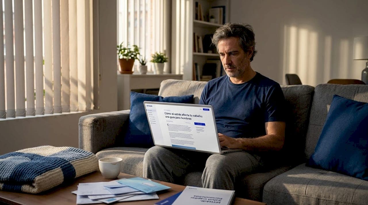 Hombre informándose sobre cómo el estrés afecta la salud capilar