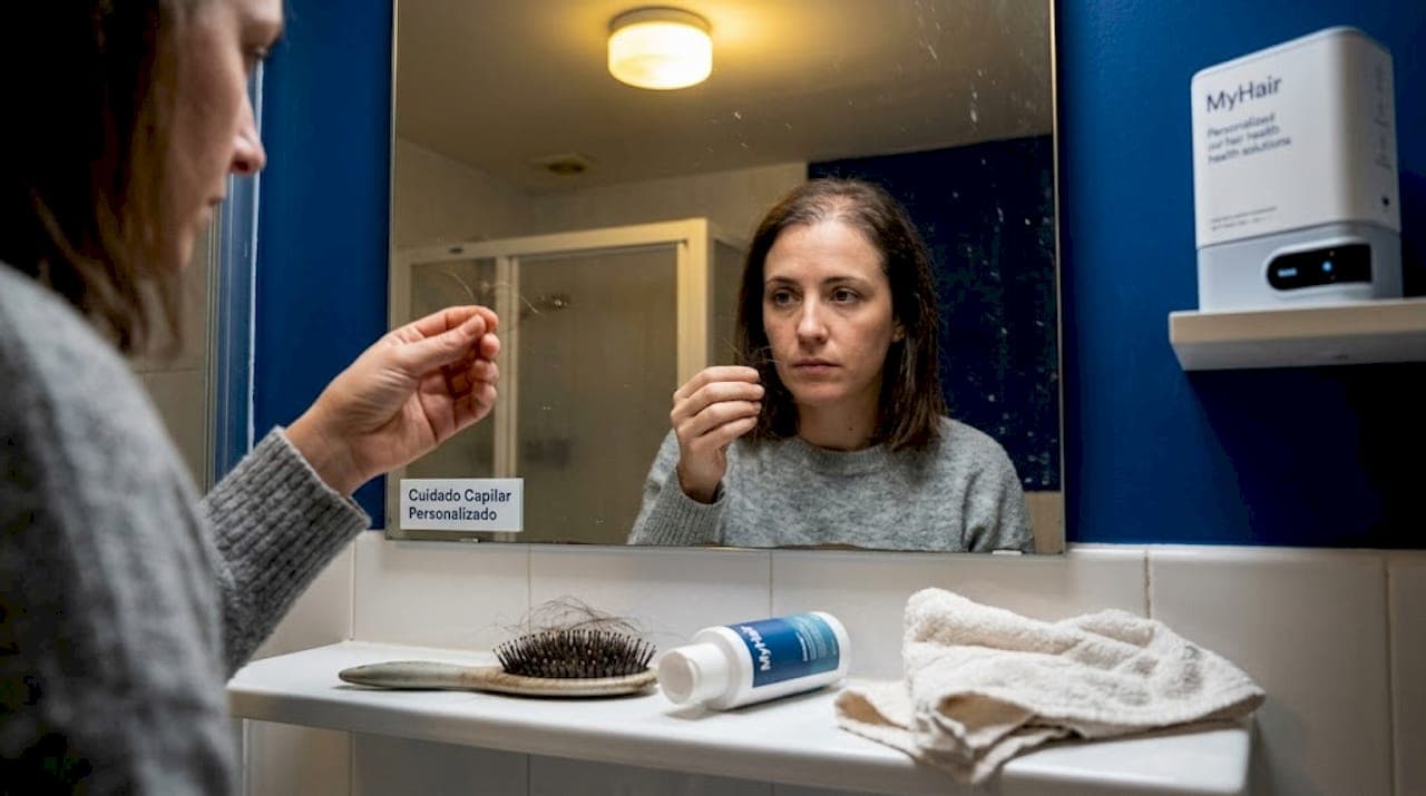 Persona revisando si se le cae el pelo mientras está en el baño