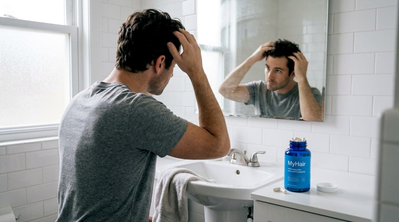 Man checking hair in bathroom mirror