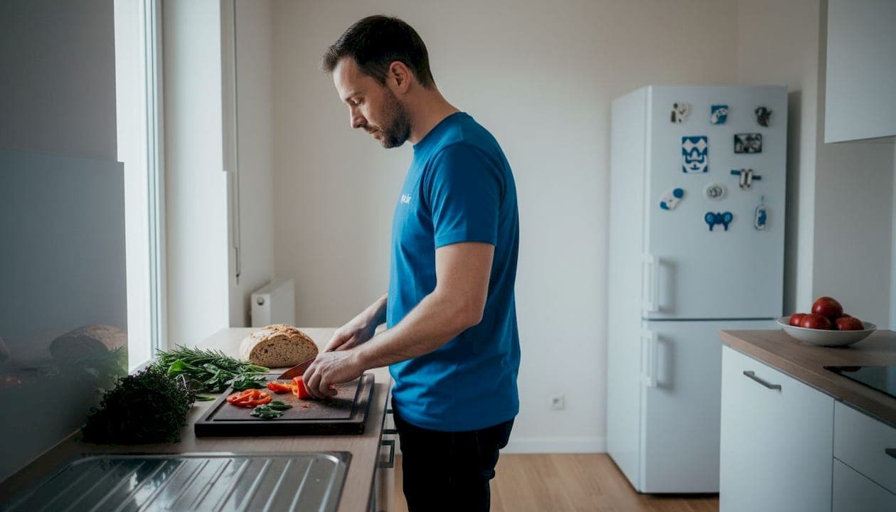 Ein Mann bereitet frisches Gemüse vor, um sich ausgewogen und gesund zu ernähren.
