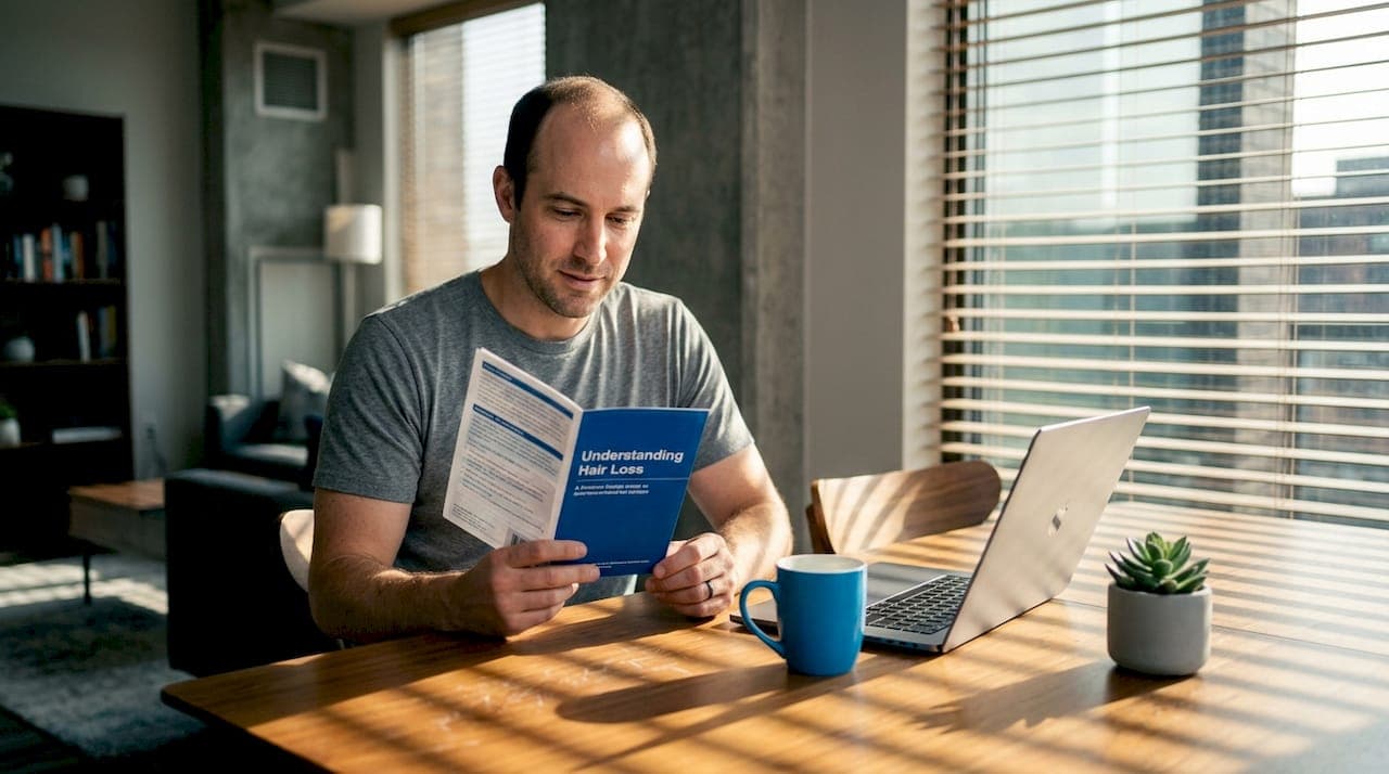 Man learning about hair loss treatments at home