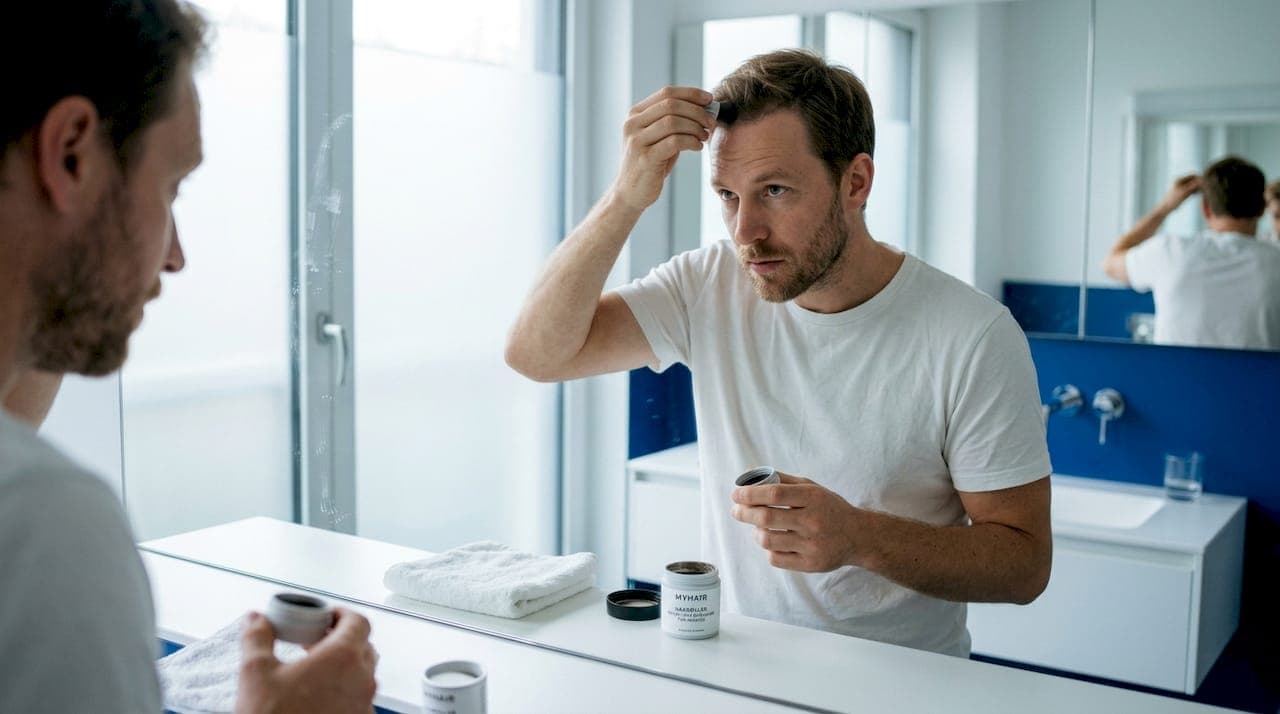 Ein Mann trägt im Bad einen Haarverdichter auf.