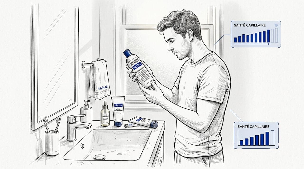 Un homme examine attentivement un flacon de produit capillaire dans sa salle de bain.