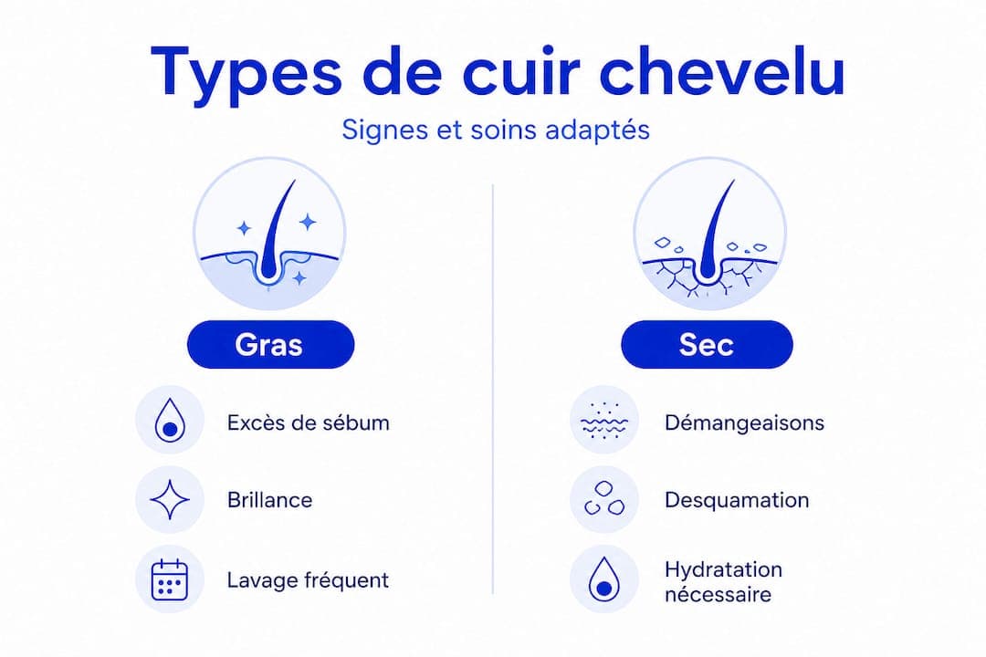 Infographie : les différences entre cuir chevelu gras et cuir chevelu sec