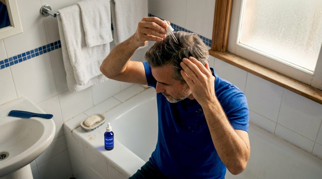 Un hombre se aplica aceite en el cuero cabelludo con suaves masajes.