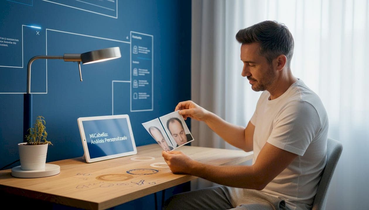 Hombre revisando las fotos de cómo ha mejorado su cabello