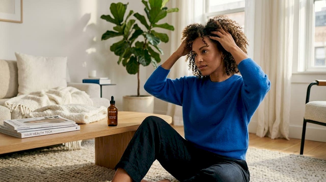 Woman applying hair oil in sunlit bedroom