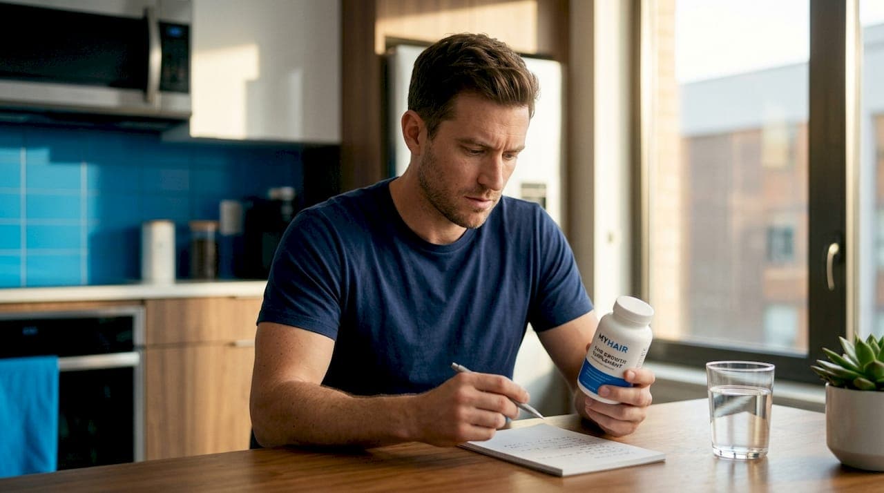 Man reviews supplement bottle at kitchen table