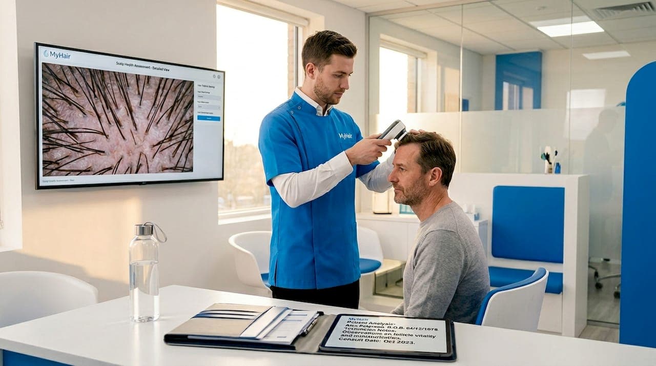 Technician scans patient scalp in hair clinic