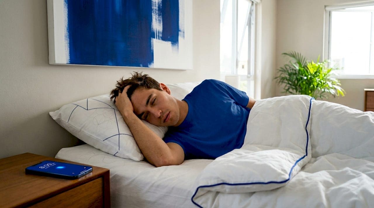 La cabeza de un hombre apoyada sobre la almohada, con algunos cabellos sueltos alrededor.