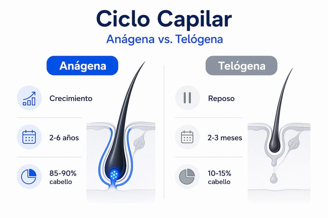 Infografía sobre las etapas de crecimiento y reposo del cabello: fase anágena y fase telógena