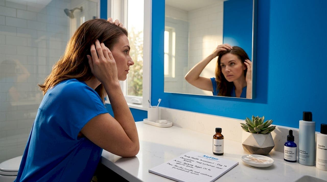 Woman examining scalp at bathroom vanity