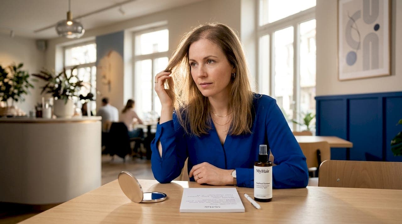Eine Frau betrachtet nachdenklich ihr dünner werdendes Haar am Esstisch.