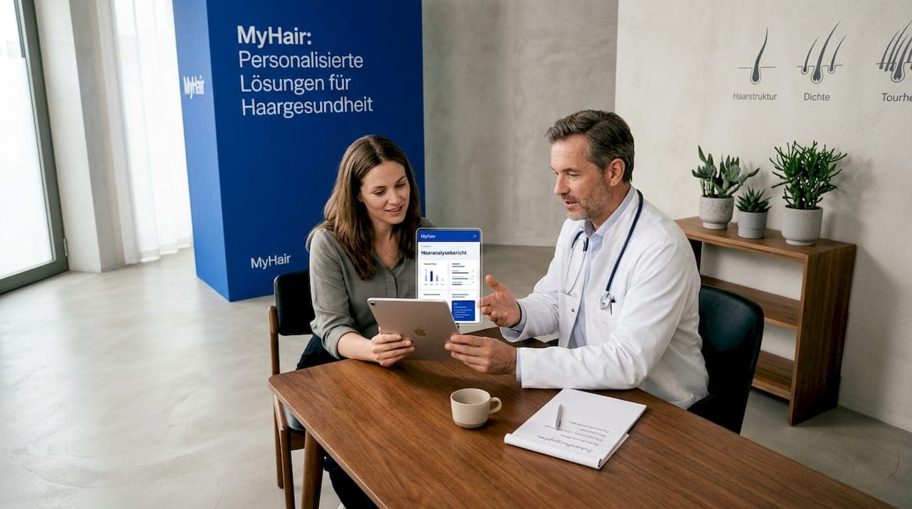 Im Gespräch klärt der Arzt mit der Patientin die Ursachen ihres Haarausfalls und bespricht mögliche Untersuchungen.