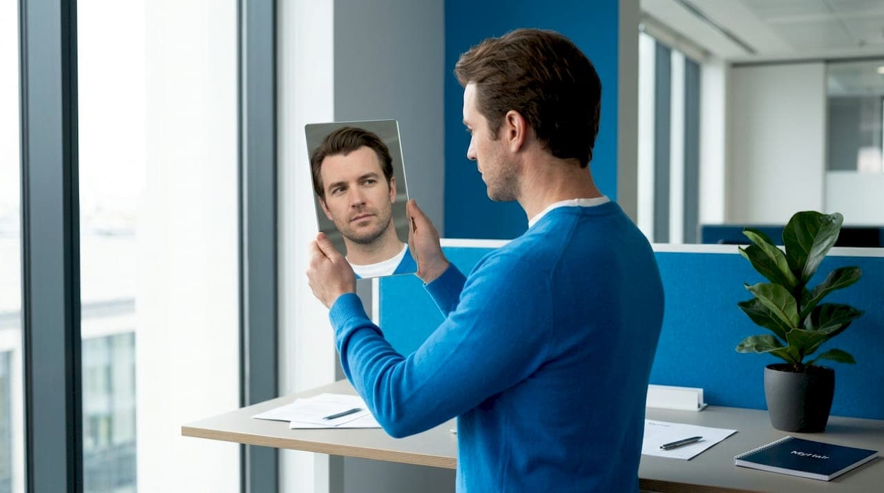 Man examining mature M shape hairline in mirror