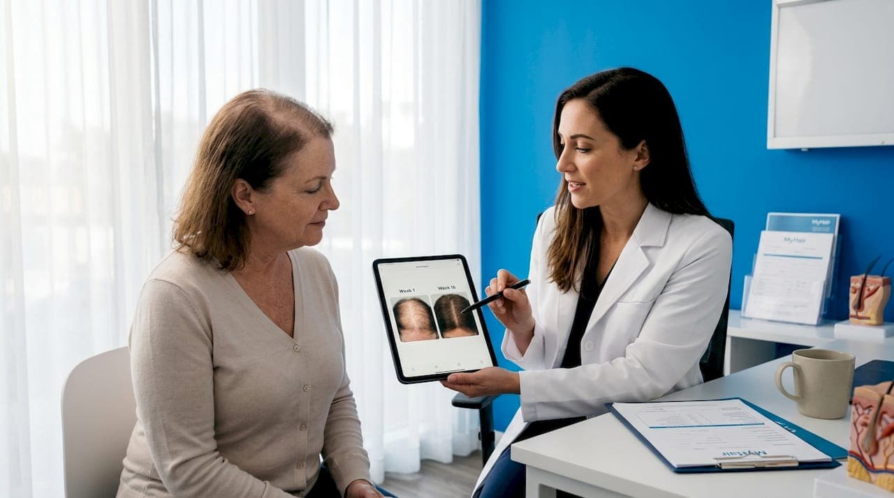 Dermatologist and patient discuss hair regrowth