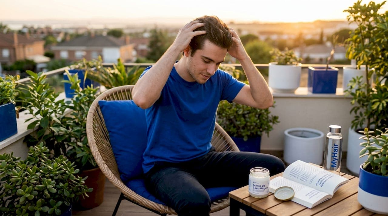 Un hombre aplicándose aceite de coco en el cabello con suaves masajes para cuidarlo y nutrirlo.