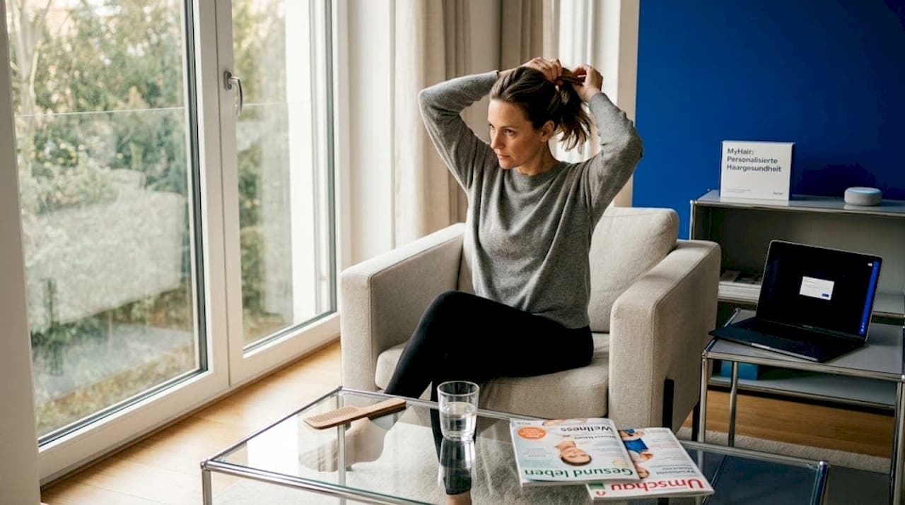 Eine Frau bindet sich im Wohnzimmer die Haare zusammen.