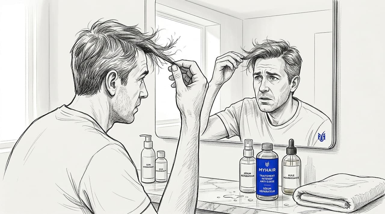 Devant son miroir de salle de bain, un homme examine ses cheveux abîmés, inquiet de leur état.
