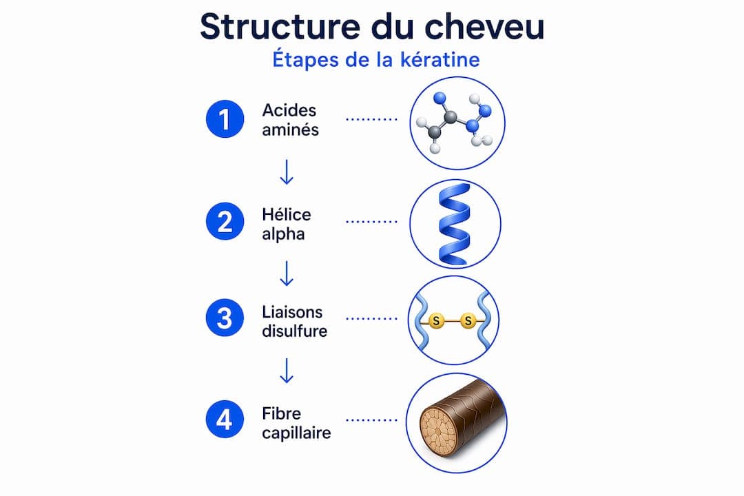 Infographie illustrant les différentes étapes de la formation de la kératine dans la fibre capillaire
