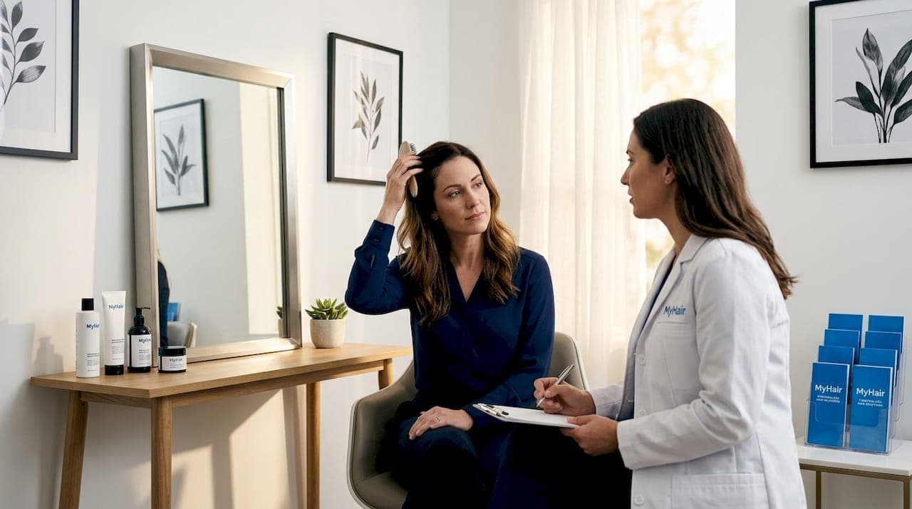 Woman in hair transplant clinic consultation