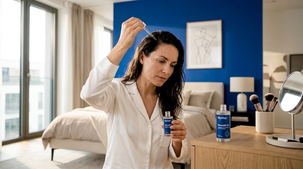 Eine Frau trägt im Badezimmer Minoxidil auf ihre Kopfhaut auf.